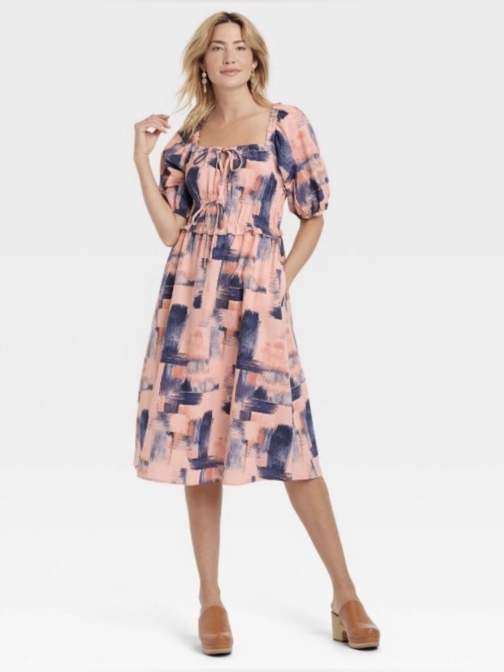 Universal Thread Abstract Print Midi Dress - Puff Sleeve - Size M